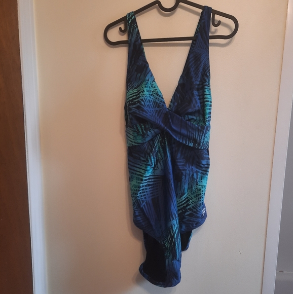 Speedo Blue Green Palm Leaf Print Swimsuit One Piece - Picture 2 of 14